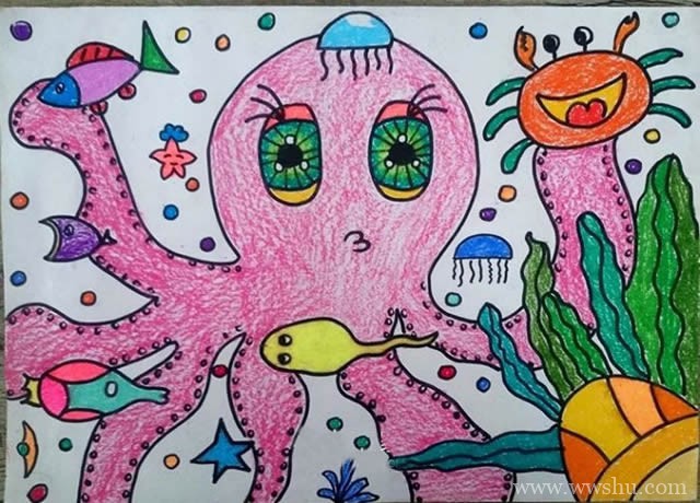 可爱大章鱼儿童蜡笔画作品图片