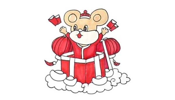 新年小老鼠财神年画简笔画步骤画法图片