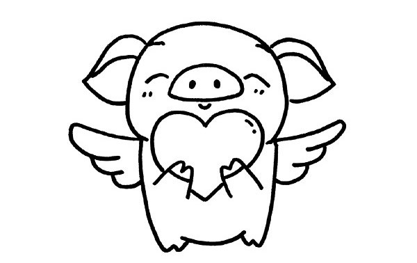 小猪天使简笔画 捧着爱心的小猪天使简单画法