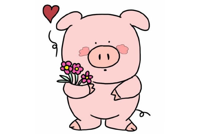 简单六步画出拿着花的可爱小猪简笔画步骤图解教程