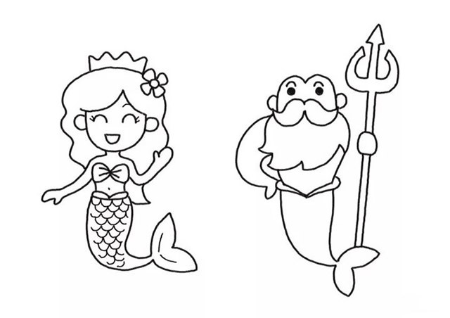 美人鱼公主和人鱼国王儿童简笔画步骤图教程