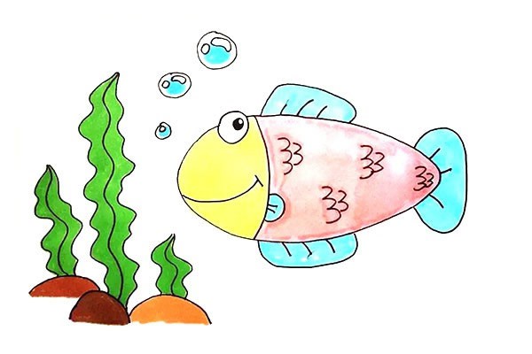 海草和小鱼卡通简笔画的画法步骤图解教程