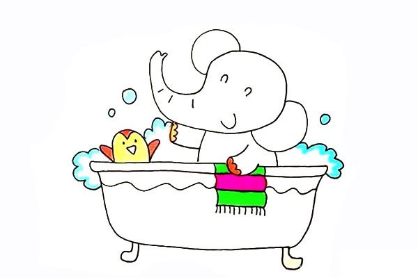 爱洗澡的小象简笔画画法步骤图教程