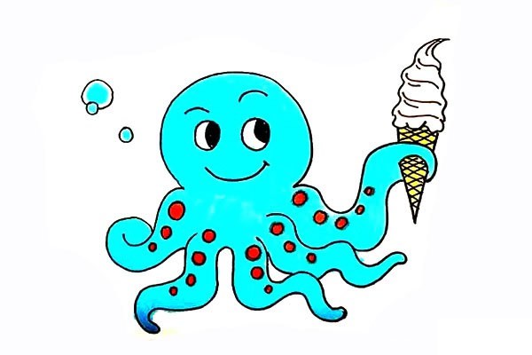 拿着冰激凌的可爱章鱼简笔画彩色画法步骤图教程
