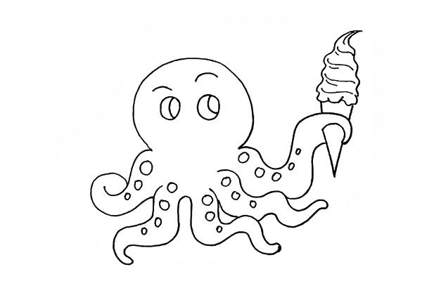 拿着冰激凌的可爱章鱼简笔画彩色画法步骤图教程