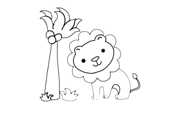 在椰子树旁的可爱狮子简笔画步骤画法教程