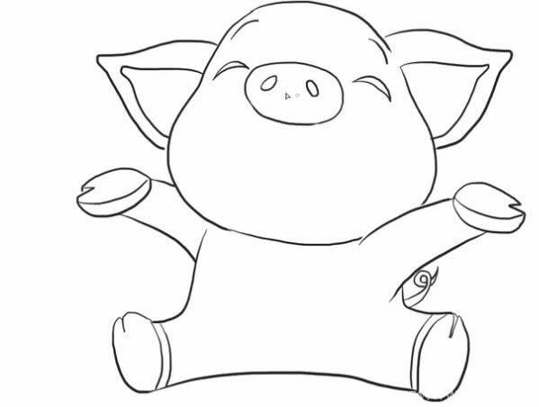 小猪简笔画如何画 - 坐在地上大笑的小猪简笔画教程