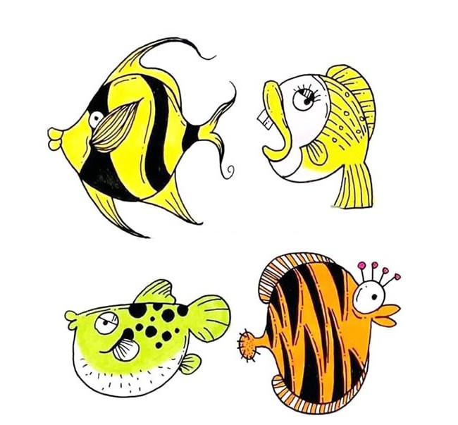 12种海洋鱼类简笔画画法彩色 - 海洋鱼类简笔画