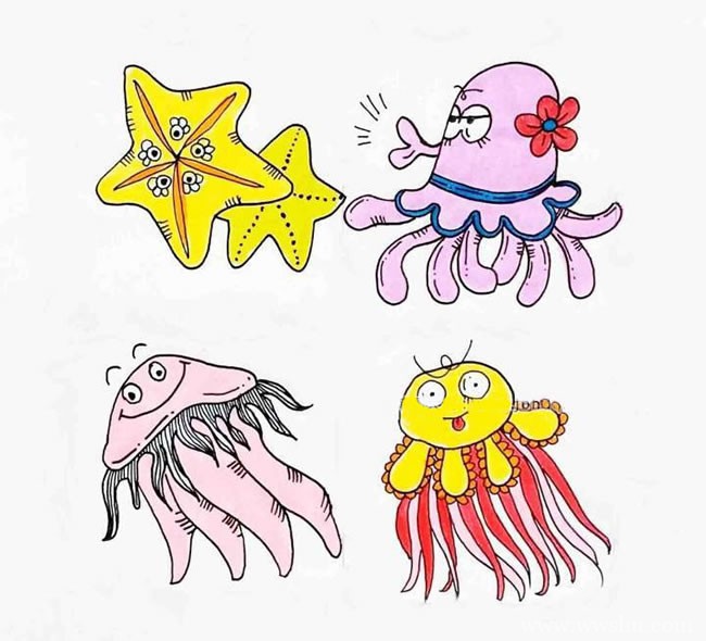 四种卡通海洋生物彩色简笔画图片 - 海洋生物简笔画
