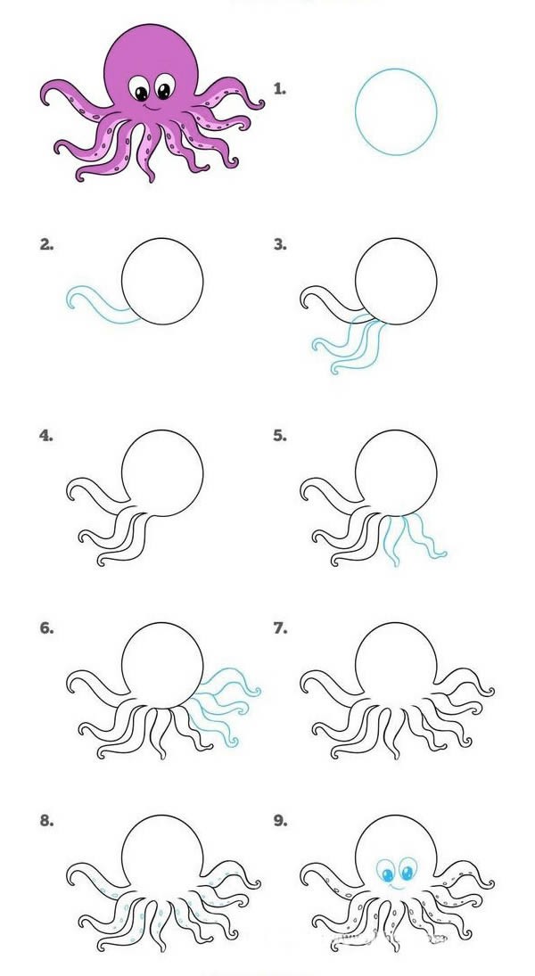 【卡通章鱼简笔画图片】卡通章鱼简笔画的画法步骤图解