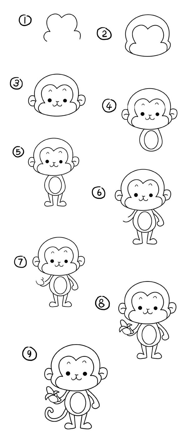 【小猴子简笔画】吃香蕉的小猴子简笔画步骤图解教程