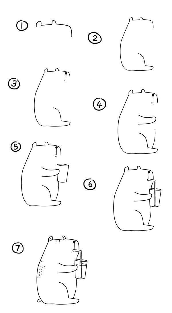【可爱的小熊简笔画】喝饮料的小熊简笔画图解教程