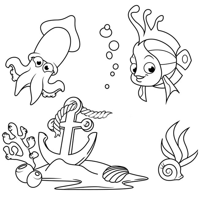海底世界简笔画之珊瑚鱼和乌贼的简单画法