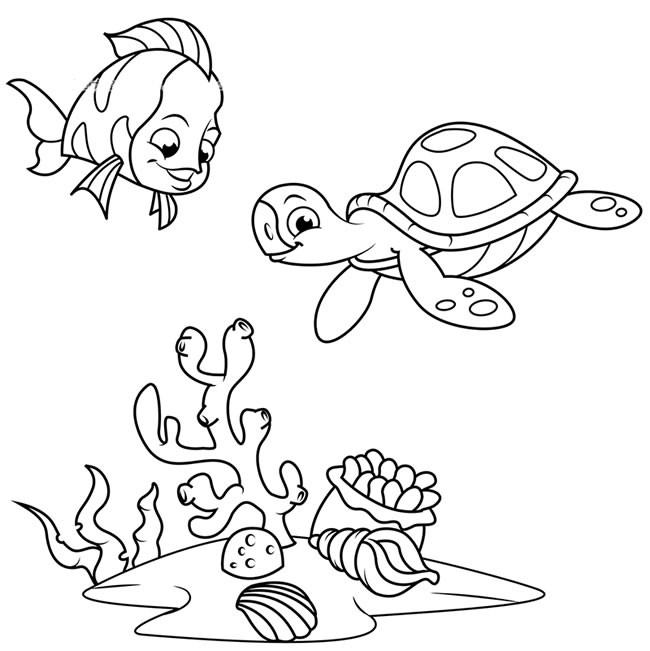 海底世界简笔画之珊瑚鱼和小海龟简单画法