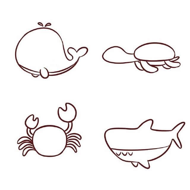 海底世界卡通鲸鱼乌龟螃蟹鲨鱼简笔画步骤图解