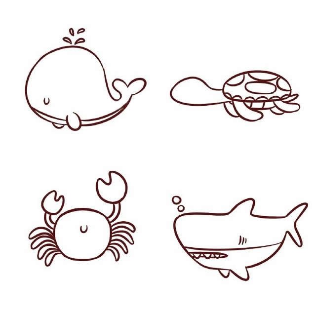 海底世界卡通鲸鱼乌龟螃蟹鲨鱼简笔画步骤图解