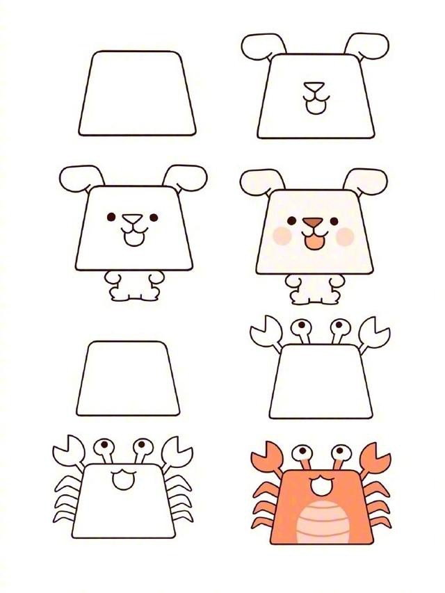 一组可爱又简单的梯形小动物简笔画图片大全