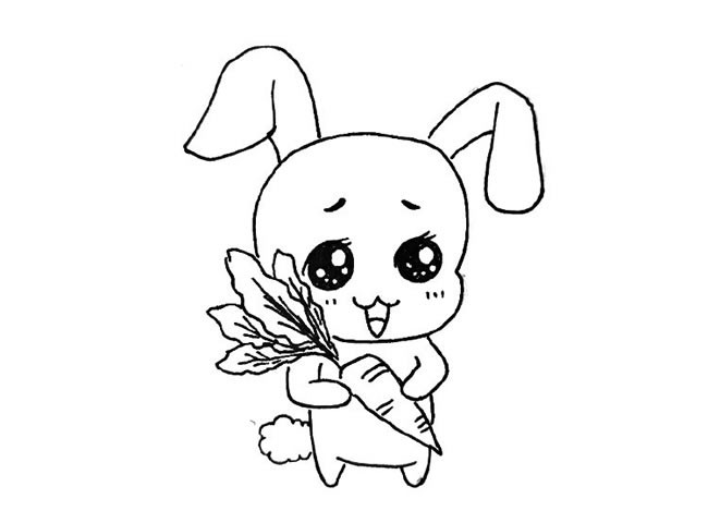 卡通小兔子简笔画 害羞 拿着胡萝卜