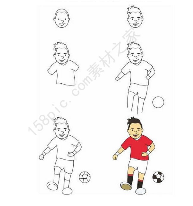 【小男孩踢足球简笔画】小男孩踢足球简笔画的画法步骤图片