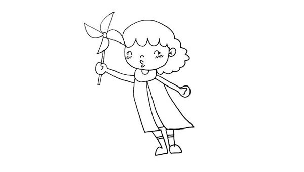 玩风车的小女孩简笔画简单画法及步骤图解教程