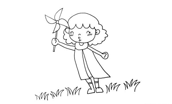 玩风车的小女孩简笔画简单画法及步骤图解教程