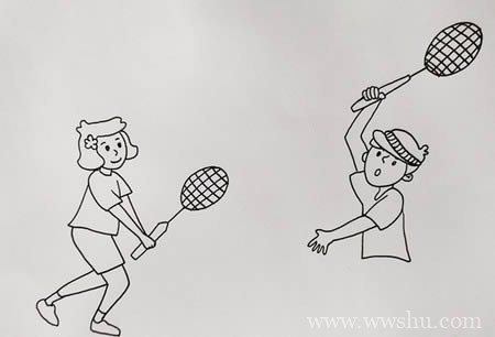 两个人在打羽毛球简笔画步骤画法教程