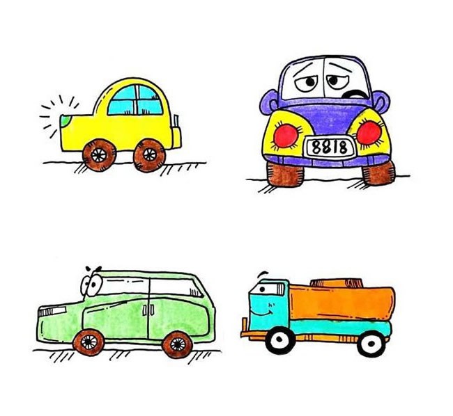 汽车简笔画彩色 - 4款儿童简笔画小汽车彩色图片