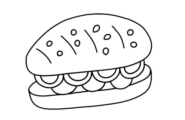 [汉堡简笔画]夹着火腿的汉堡简笔画彩色图片
