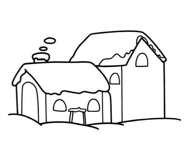 【房子简笔画】冬季雪中的房屋简笔画图片