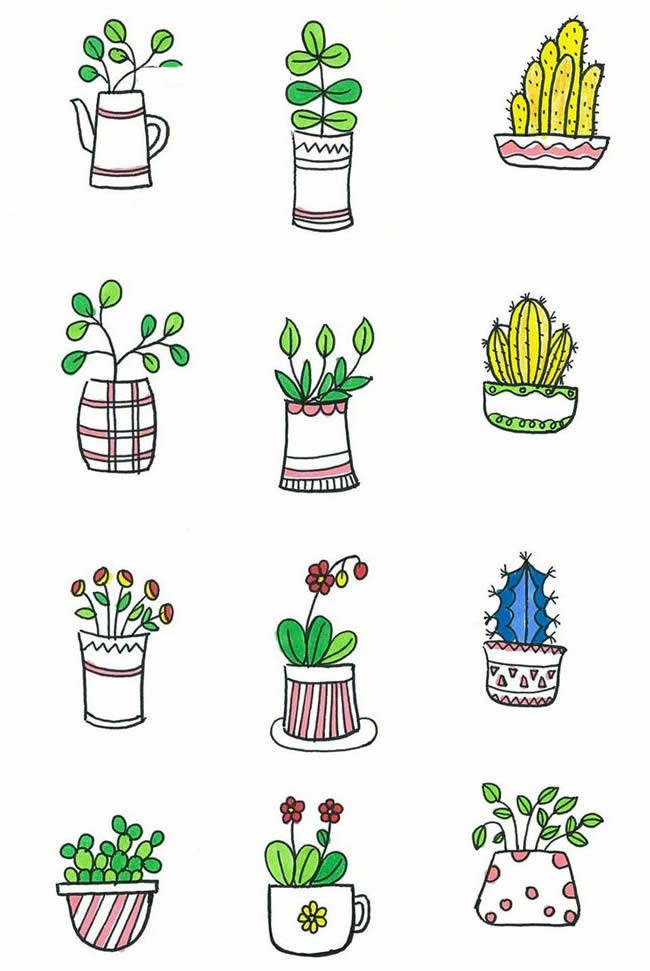 盆栽简笔画图片大全 72款彩色手绘可爱盆栽植物简笔画图片