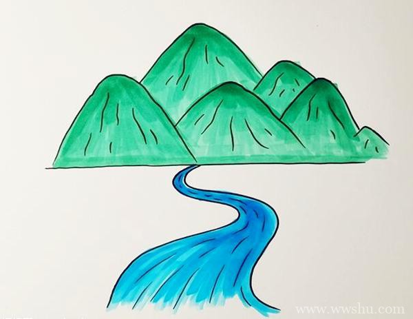 高山流水的简笔画画法步骤教程 儿童风景简笔画