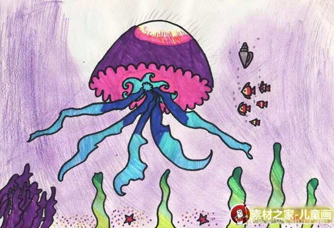 巡游海底世界的水母儿童水彩画
