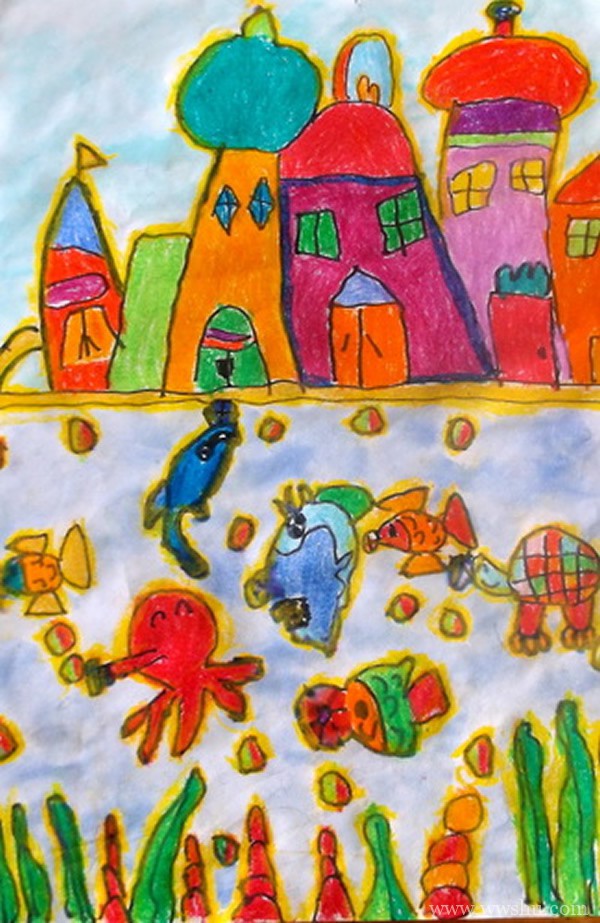 儿童画海底世界城堡作品欣赏