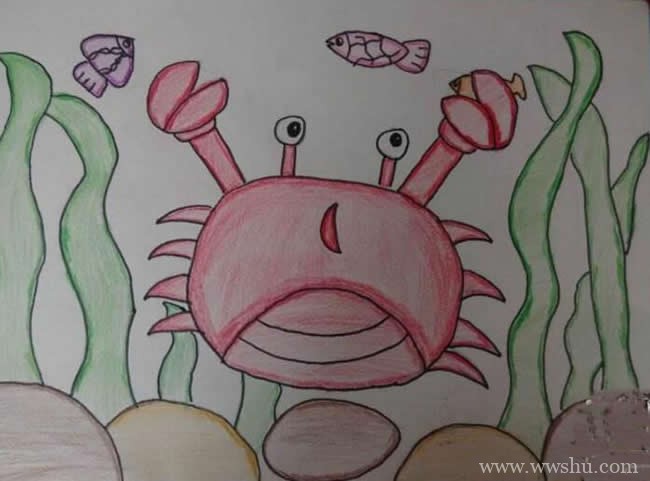 海底世界螃蟹优秀蜡笔画