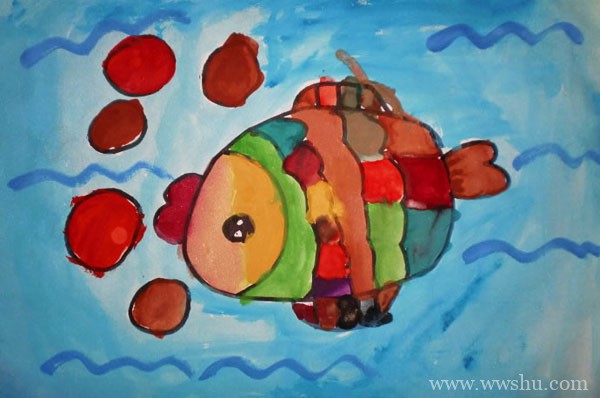 吐泡泡的彩色小鱼儿童画