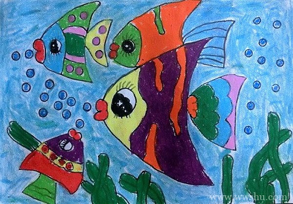 一群多彩的热带鱼儿童画