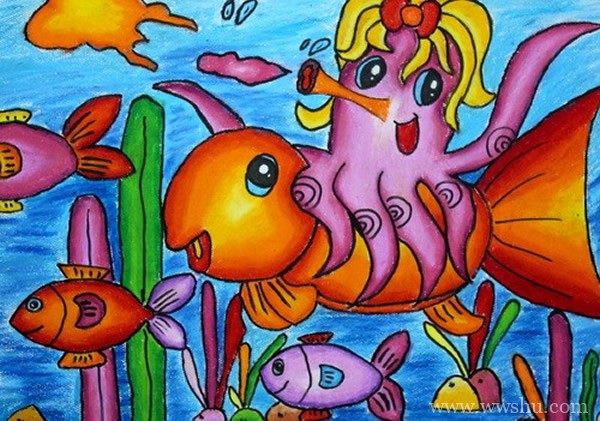 海底世界儿童画快乐的章鱼