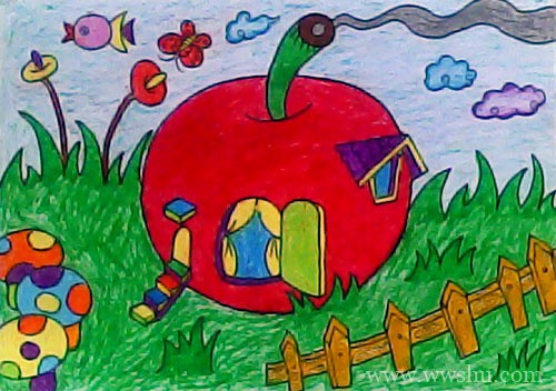 儿童画苹果般的家 蜡笔画