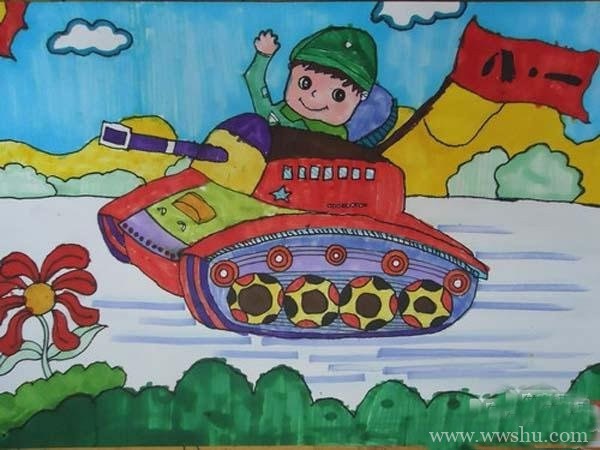 八一建军节儿童画水彩画图片