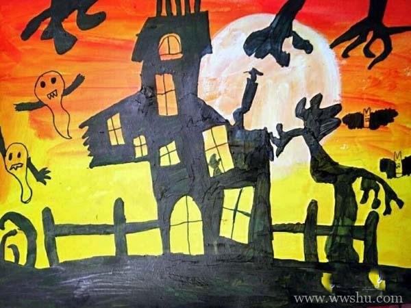 万圣节幽灵城堡儿童画画作品图片