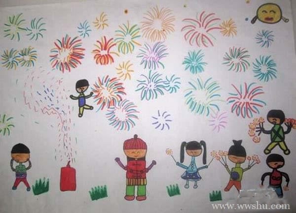 过春节放烟花的儿童绘画