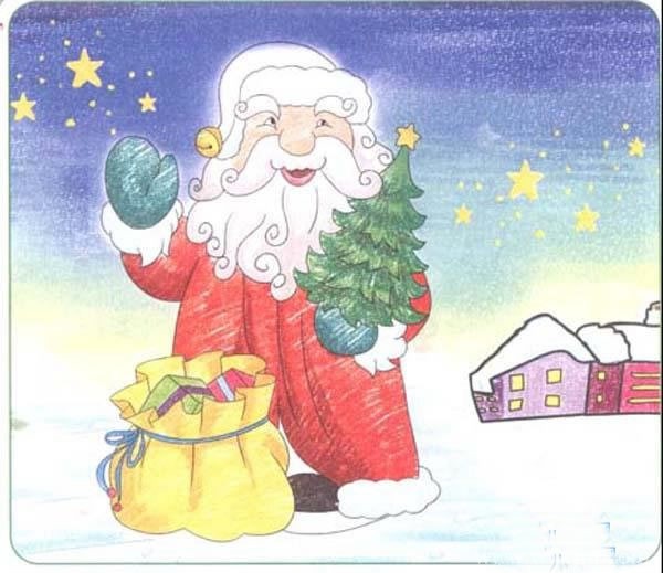 彩色圣诞老人送礼物儿童画