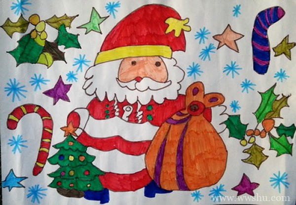 圣诞老人送礼物儿童水彩画