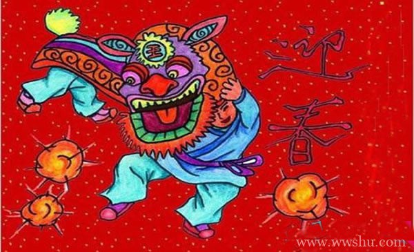 迎春节舞狮子儿童画
