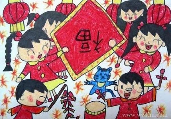 欢度春节的儿童画简单有福字