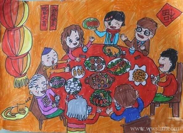 春节一家人吃团圆饭儿童画
