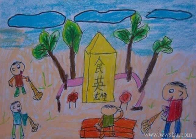 清明节扫墓场景为主题的儿童画
