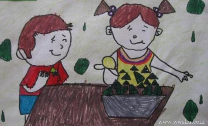 端午节包粽子儿童画一年级