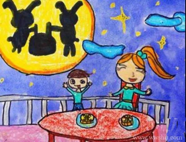 中秋节一边吃月饼一边赏月儿童画