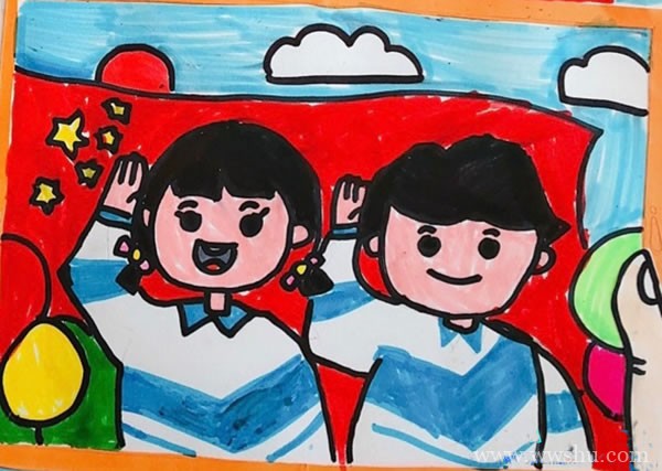 小学生向国旗敬礼的儿童画
